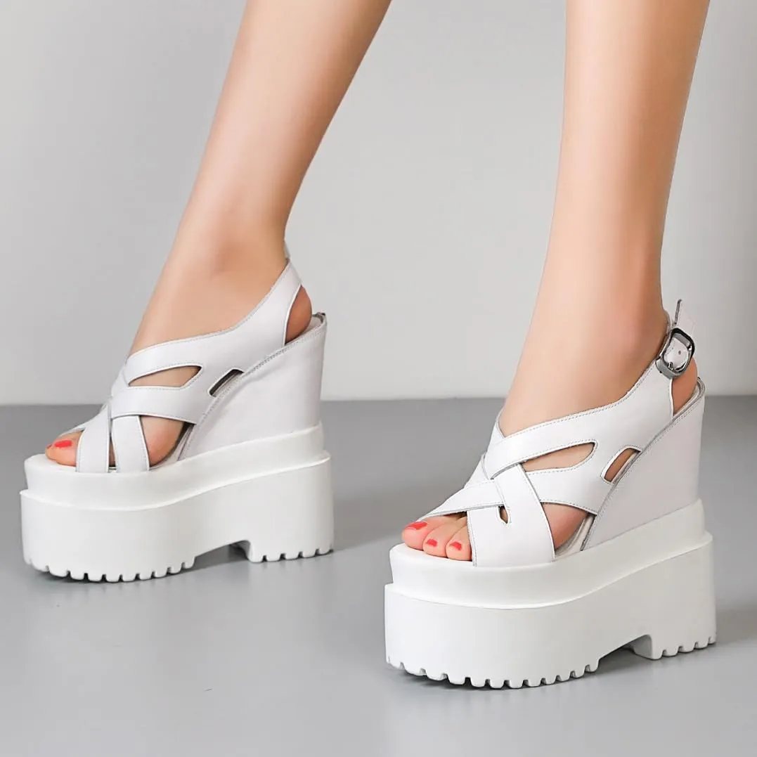 Summer New Retro Super High Wedges Heels Platform Peep Toe Cross-tied Buckle Strap Genuine Leather Women Gladiator Sandals 240306