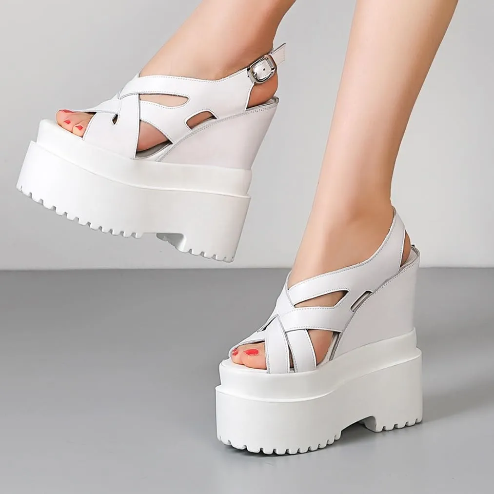 Summer New Retro Super High Wedges Heels Platform Peep Toe Cross-tied Buckle Strap Genuine Leather Women Gladiator Sandals 240306