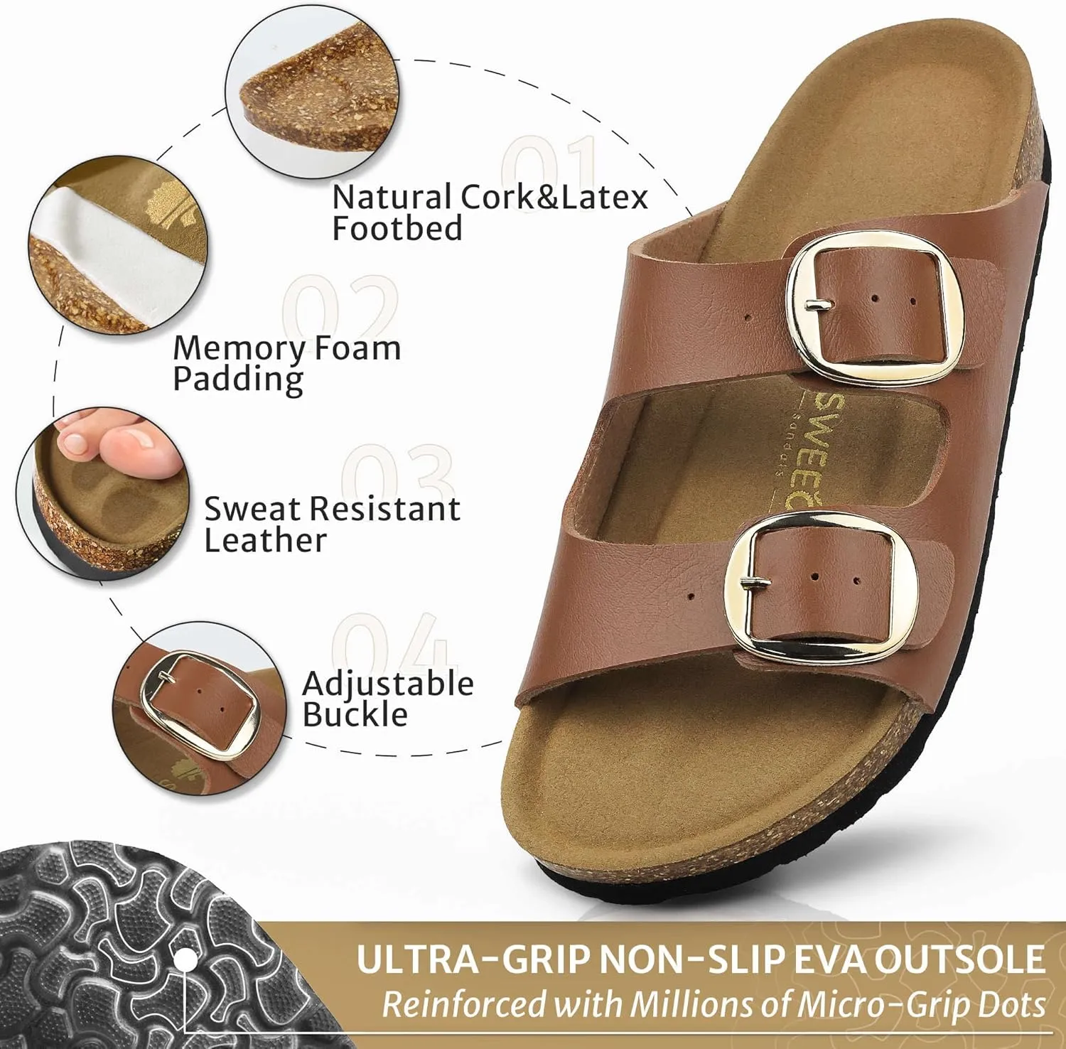 Sweechee Women's Cork Sandals Soft Footbed, Comfortable Slides Shoes for Women