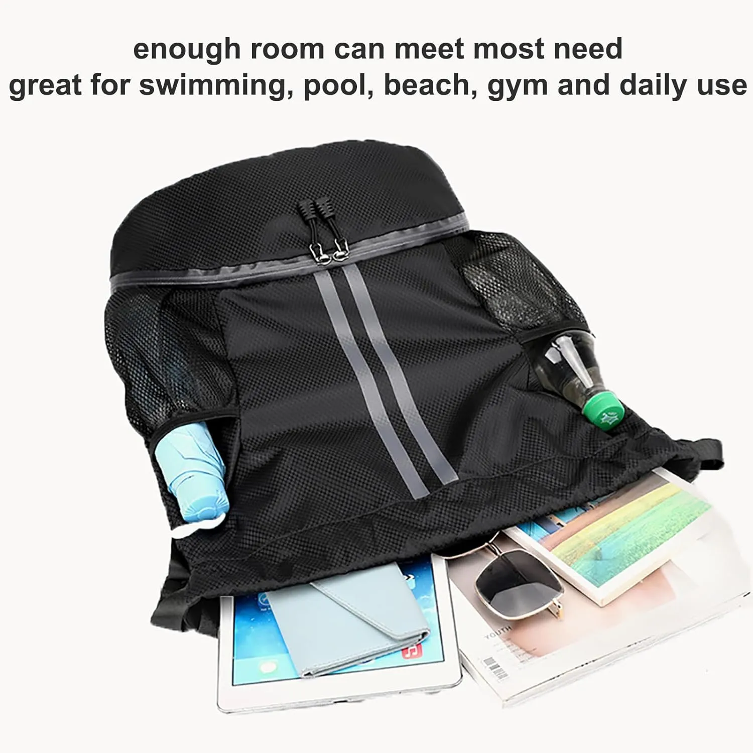 Swim Bag Drawstring Backpack with Wet Pocket Shoe Warehouse String Bag Sackpack for Beach Swimming Pool Gym Sports (Black)