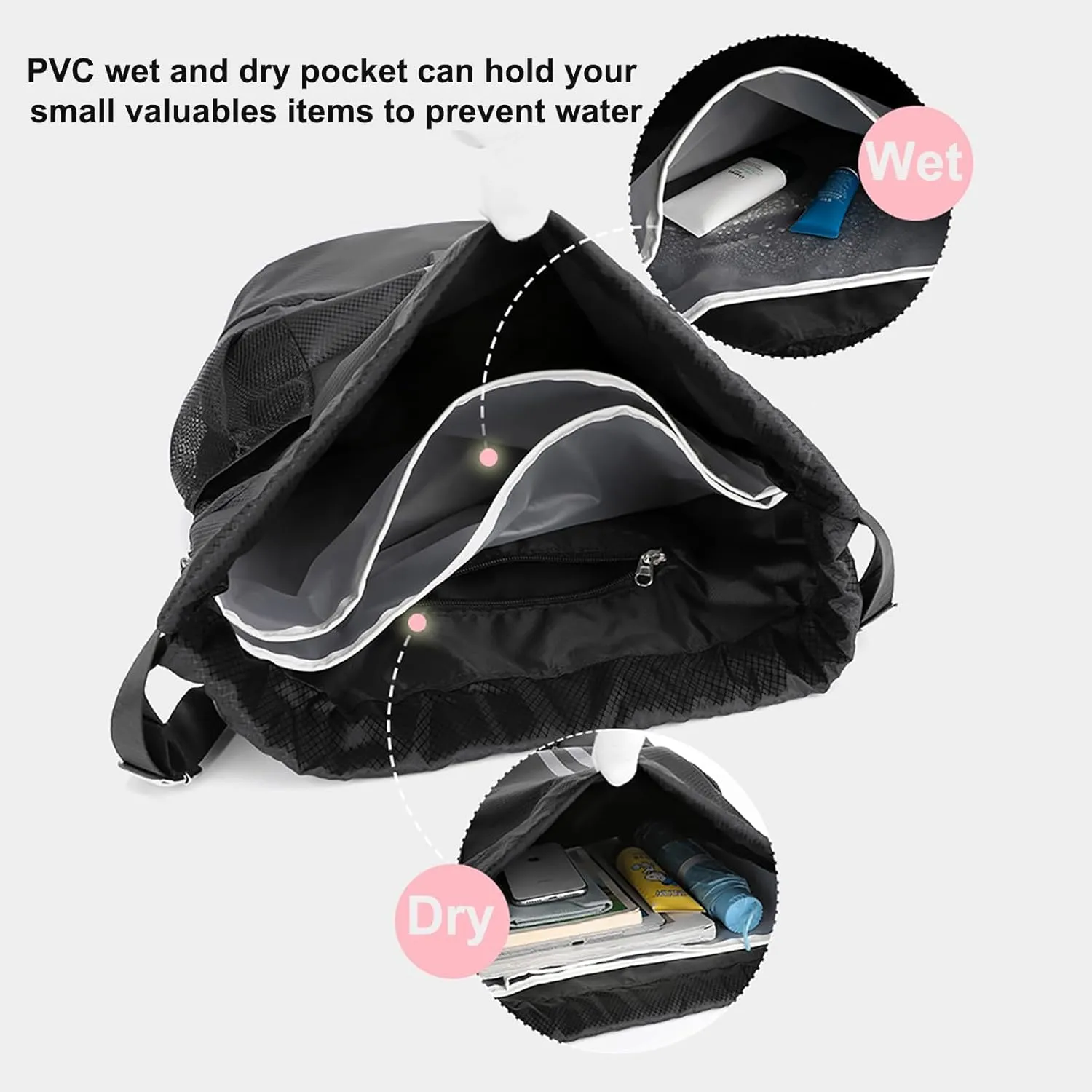 Swim Bag Drawstring Backpack with Wet Pocket Shoe Warehouse String Bag Sackpack for Beach Swimming Pool Gym Sports (Black)