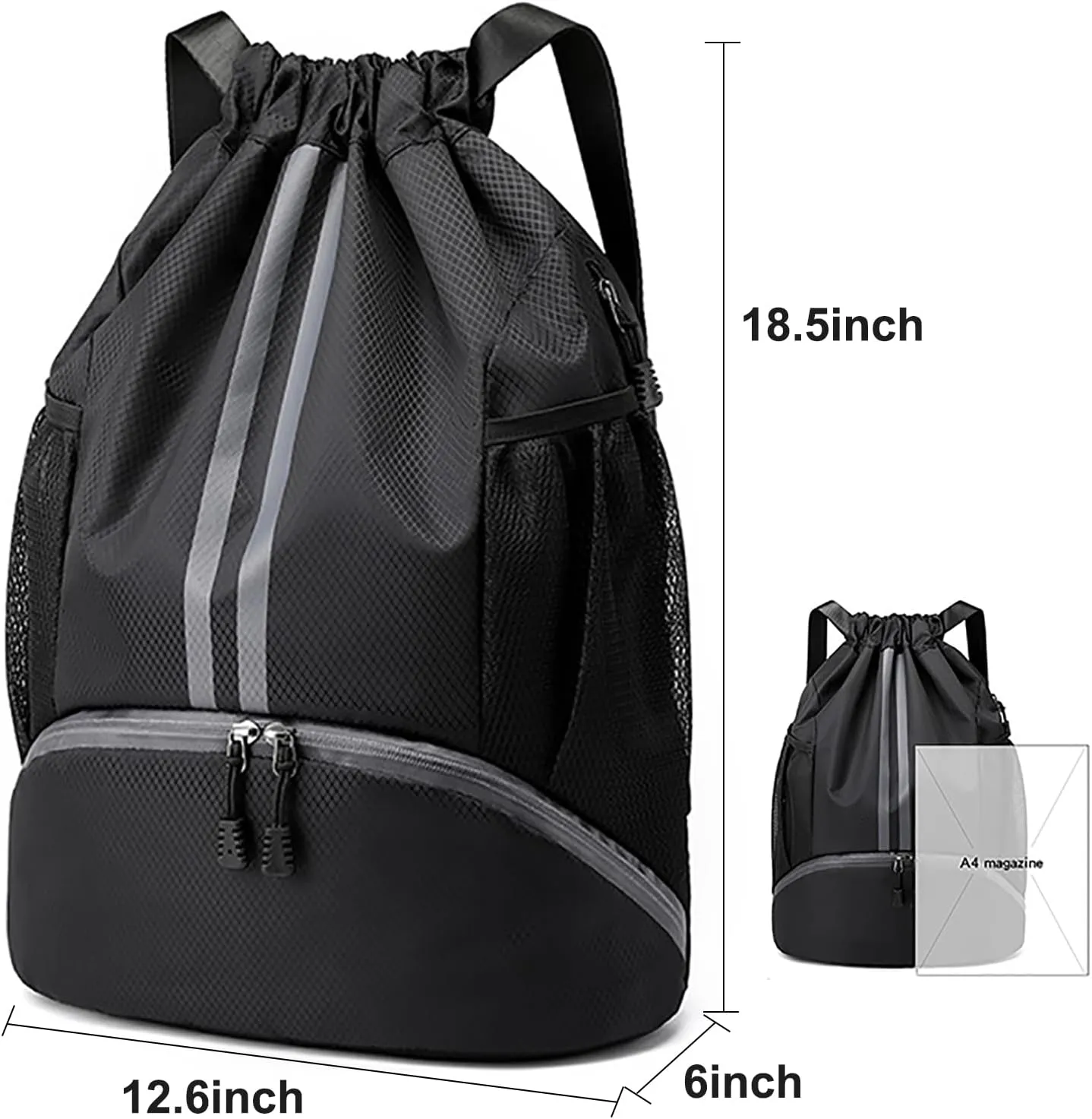 Swim Bag Drawstring Backpack with Wet Pocket Shoe Warehouse String Bag Sackpack for Beach Swimming Pool Gym Sports (Black)