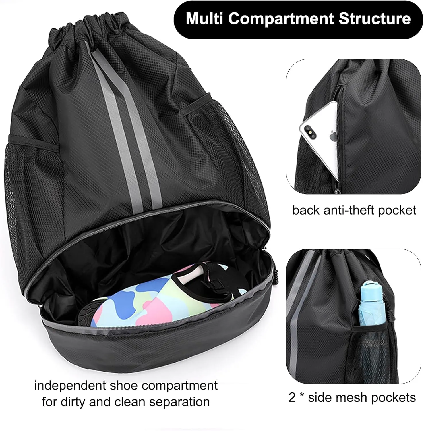 Swim Bag Drawstring Backpack with Wet Pocket Shoe Warehouse String Bag Sackpack for Beach Swimming Pool Gym Sports (Black)
