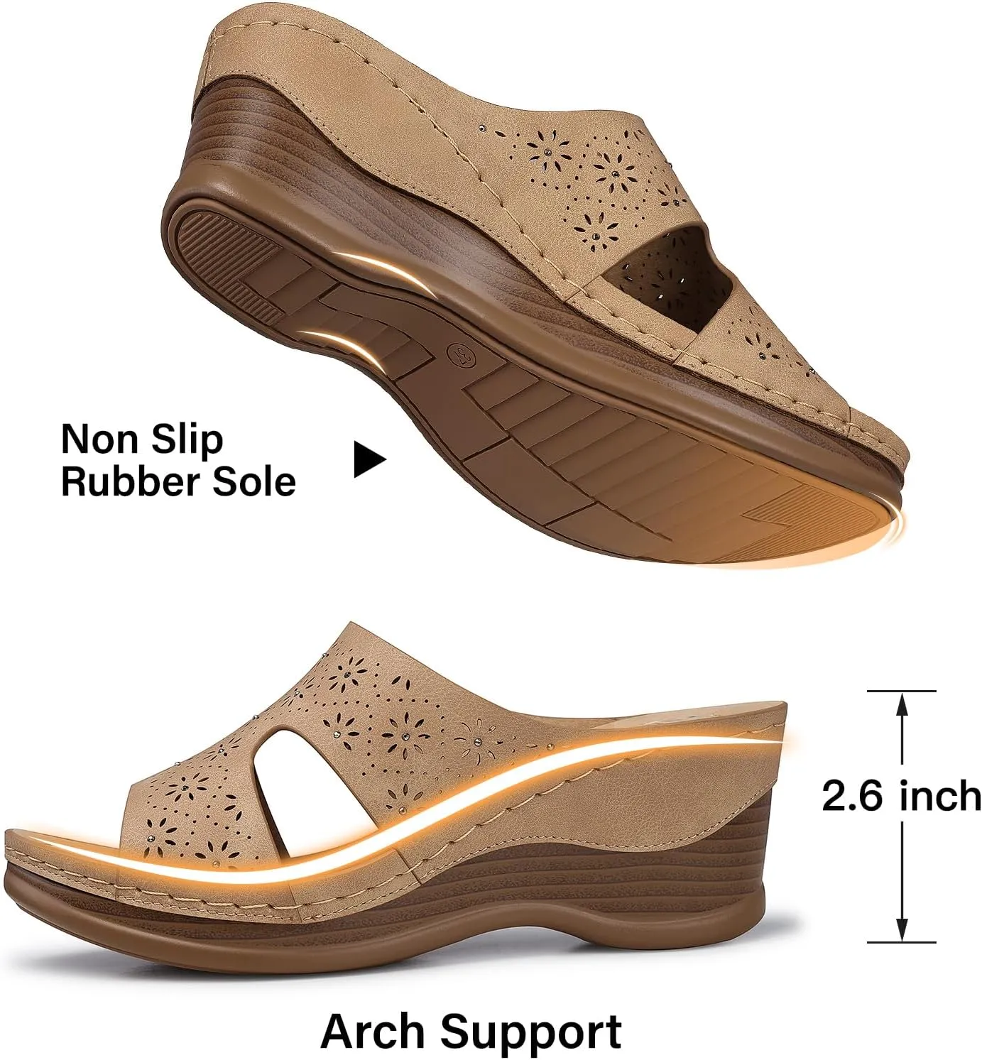 TEMOFON Women Wedge Sandals Dressy: Soft Leather Sandal, Rubber Sole, Comfortable Walking, Casual Slip on Summer Sandals
