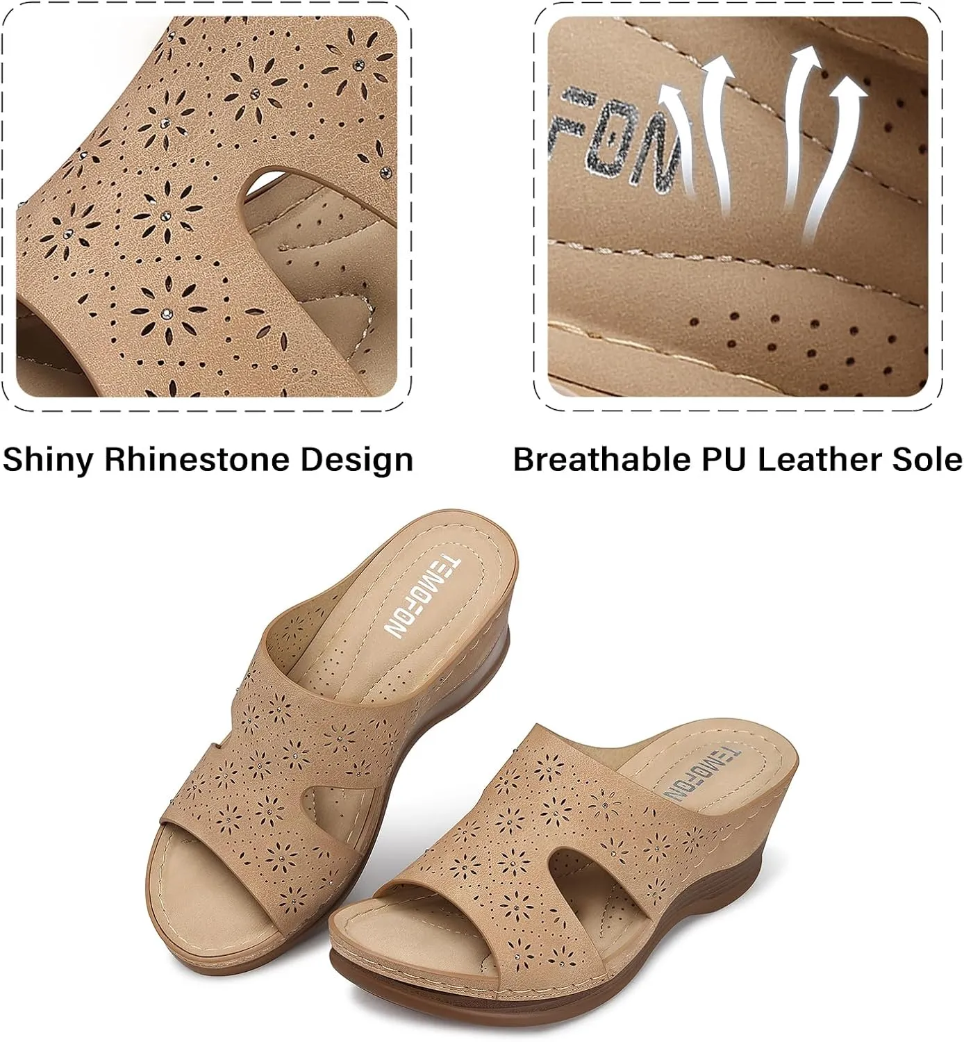 TEMOFON Women Wedge Sandals Dressy: Soft Leather Sandal, Rubber Sole, Comfortable Walking, Casual Slip on Summer Sandals
