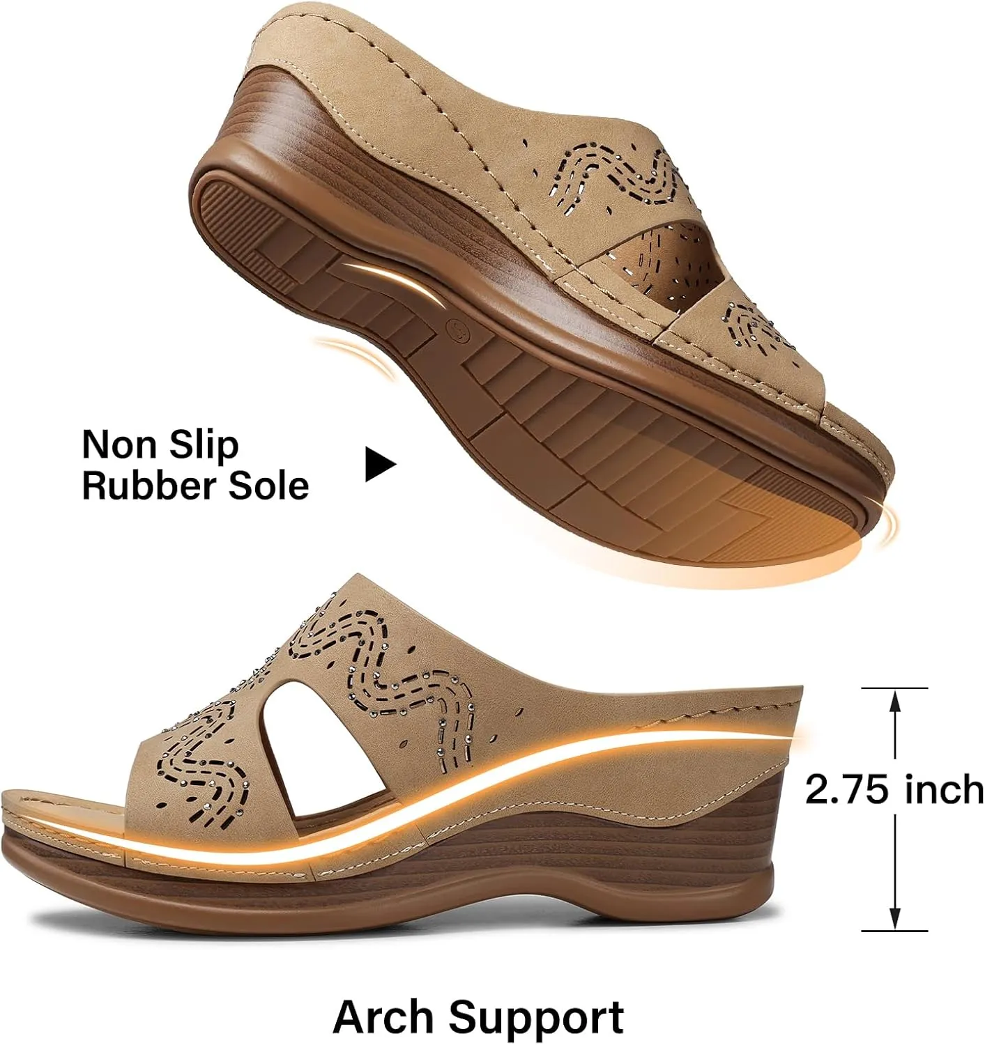 TEMOFON Women Wedge Sandals Summer: Comfortable Walking, Rubber Sole, Soft Leather, Dressy Casual Slip on Sandal Shoes Size 5-11