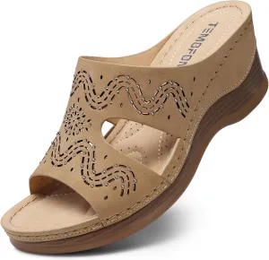 TEMOFON Women Wedge Sandals Summer: Comfortable Walking, Rubber Sole, Soft Leather, Dressy Casual Slip on Sandal Shoes Size 5-11