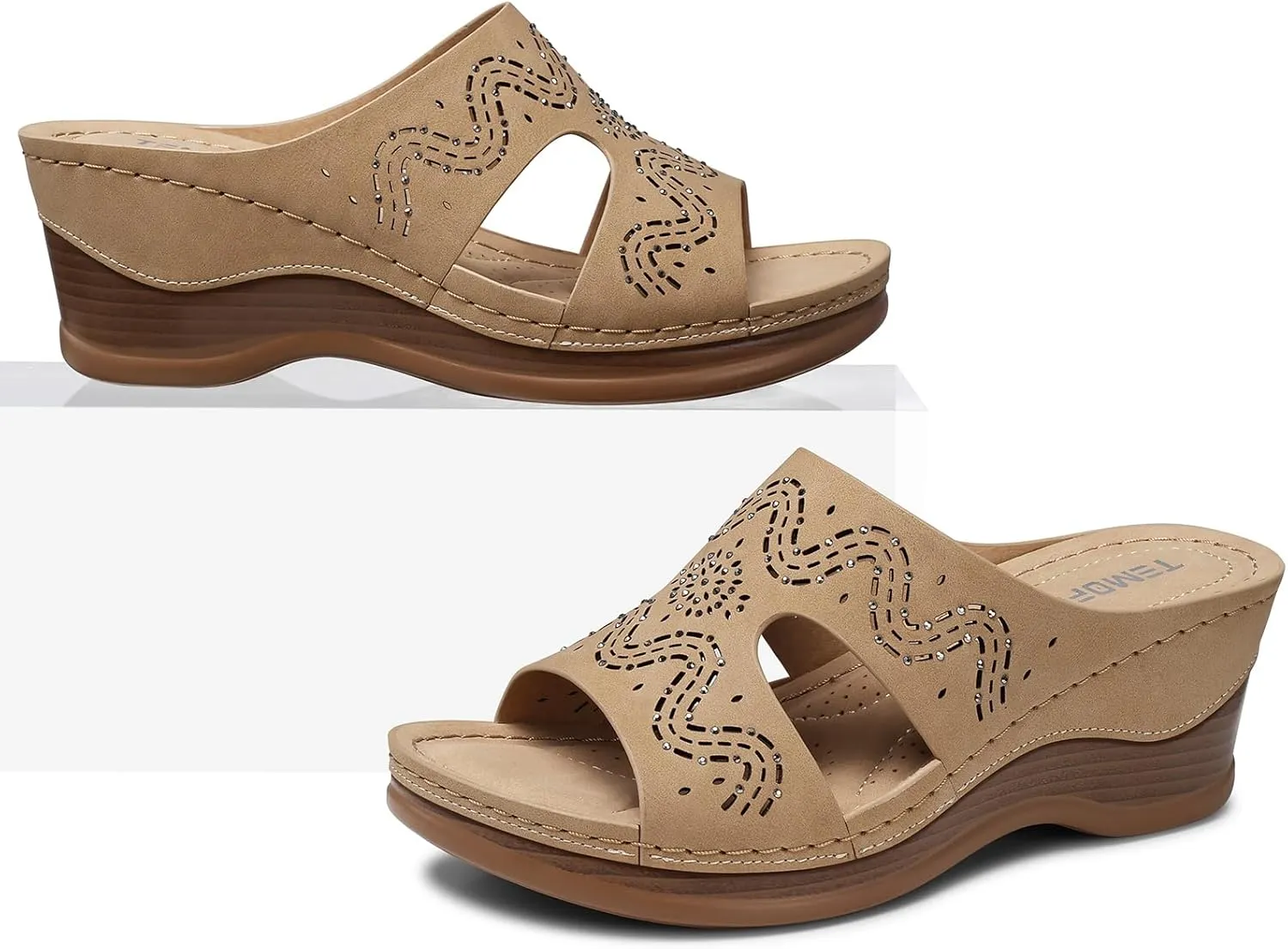 TEMOFON Women Wedge Sandals Summer: Comfortable Walking, Rubber Sole, Soft Leather, Dressy Casual Slip on Sandal Shoes Size 5-11