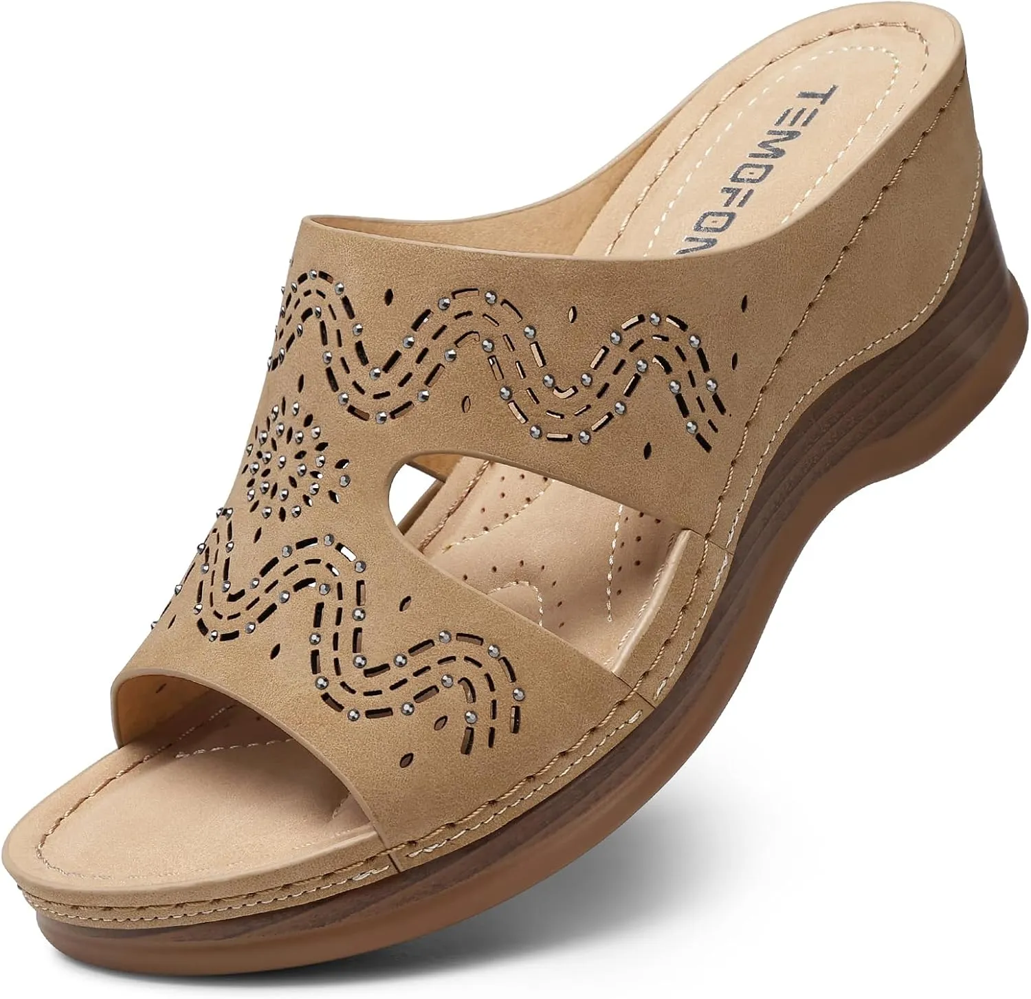 TEMOFON Women Wedge Sandals Summer: Comfortable Walking, Rubber Sole, Soft Leather, Dressy Casual Slip on Sandal Shoes Size 5-11