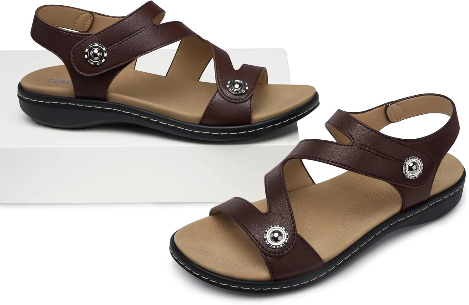 TEMOFON Womens Sandals Dressy Summer: Open Toe Comfortable Walking Flat - Arch Support Flat Sandals Size 5-11