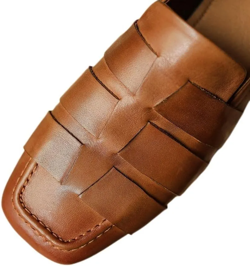 TinaCus Handmade Women's Soft Leather Square Toe Braided Style Slip On Loafers Flats Shoes
