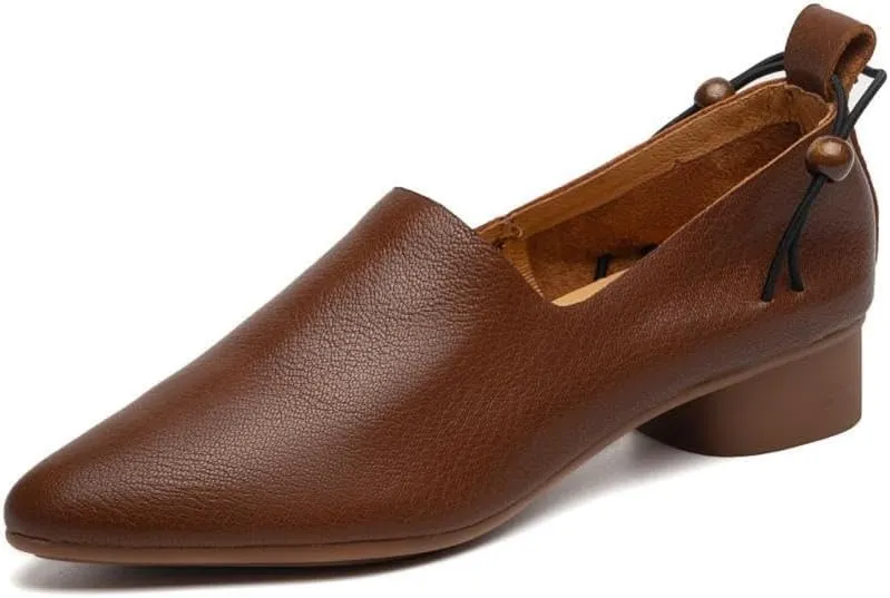TinaCus Women's Soft Leather Pointed Toe Strings Dress Block Heel Loafers Flats Shoes