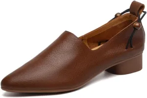 TinaCus Women's Soft Leather Pointed Toe Strings Dress Block Heel Loafers Flats Shoes