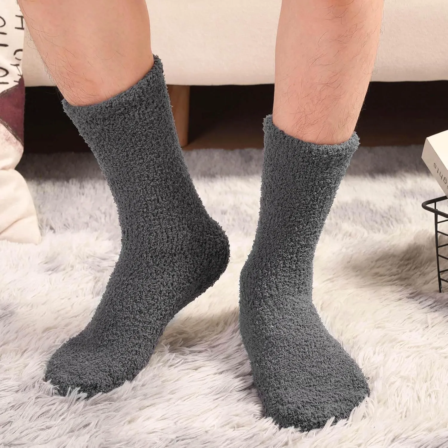 Toes Home Fuzzy Socks Men with Grips, Winter Fluffy Slipper Socks Hospital Cozy Warm Non-slip Thick 5 Pairs