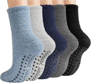 Toes Home Fuzzy Socks Men with Grips, Winter Fluffy Slipper Socks Hospital Cozy Warm Non-slip Thick 5 Pairs