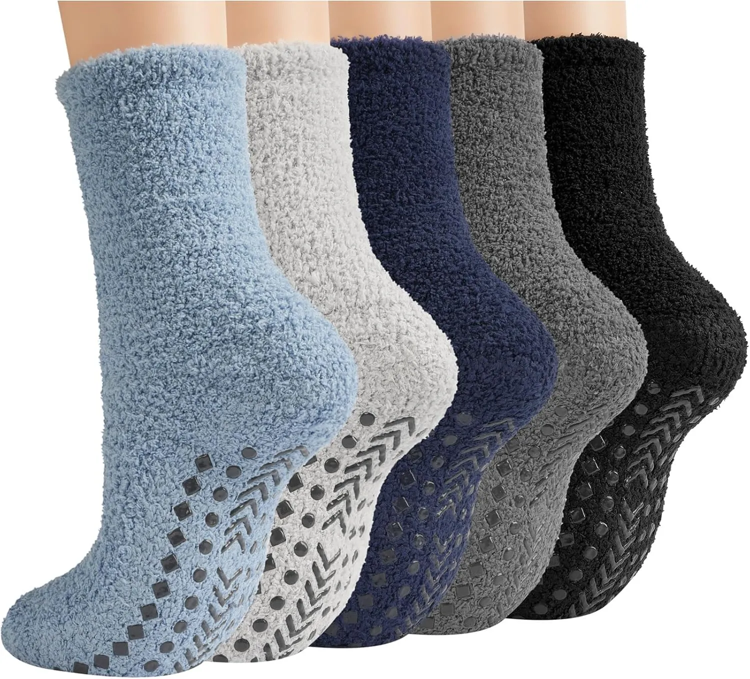 Toes Home Fuzzy Socks Men with Grips, Winter Fluffy Slipper Socks Hospital Cozy Warm Non-slip Thick 5 Pairs