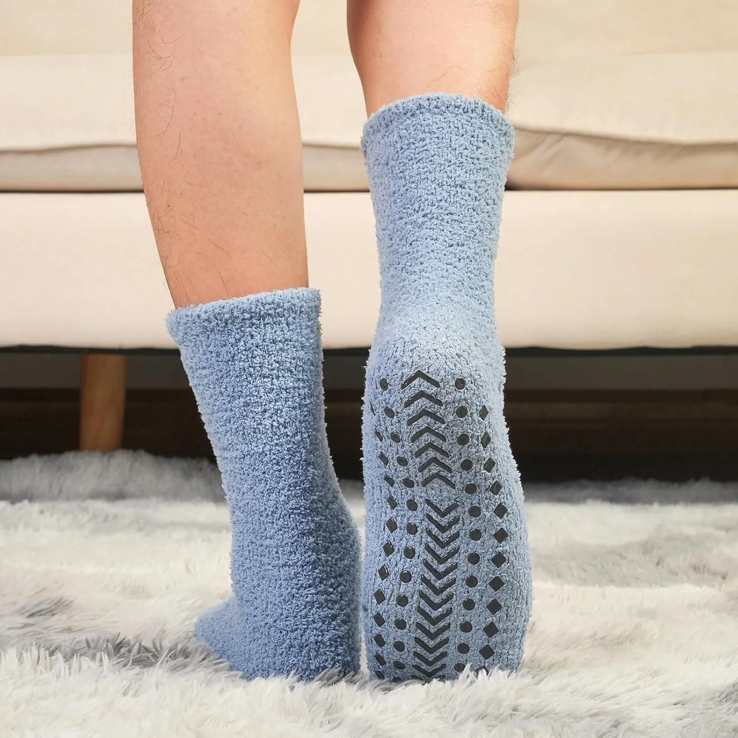 Toes Home Fuzzy Socks Men with Grips, Winter Fluffy Slipper Socks Hospital Cozy Warm Non-slip Thick 5 Pairs
