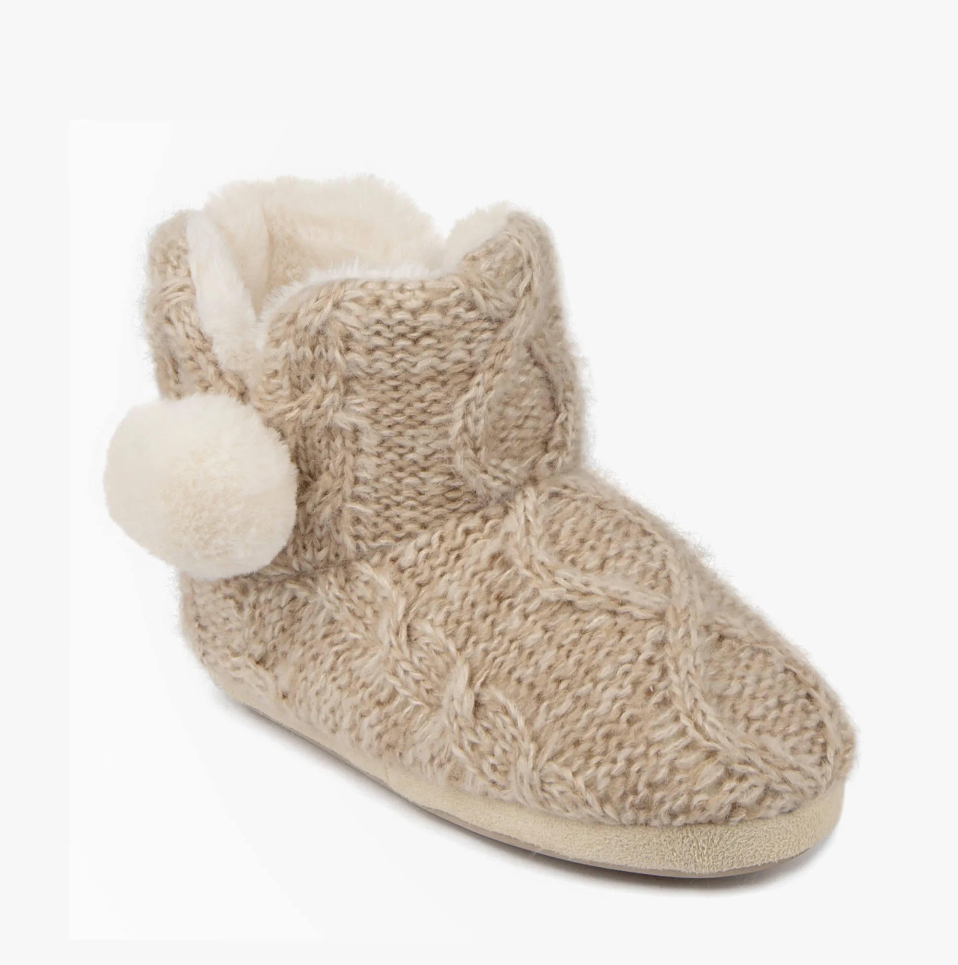Totes Toasties CABLE BOOT Slippers WITH POM POM Womens Oat