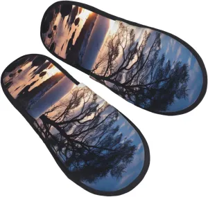 Tree branch silhouette at dusk Furry House Slippers for Women Men Soft Fuzzy Slippers Indoor Casual Plush House Shoes Large