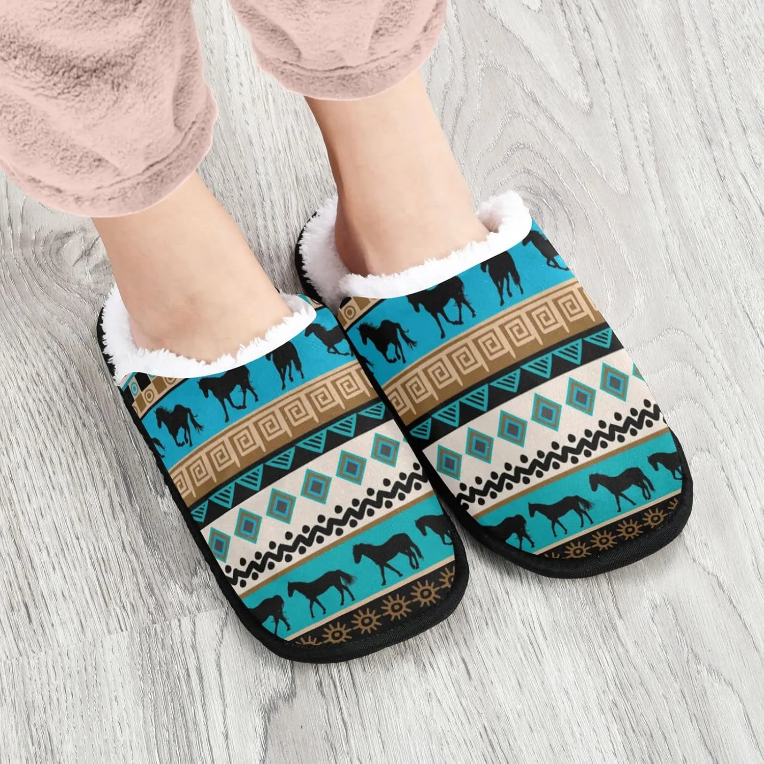 Tribal Ethnic with Horses Slippers for Women Men, Memory Foam House Slippers, Non-Slip Indoor Outdoor Winter Bedroom Shoes