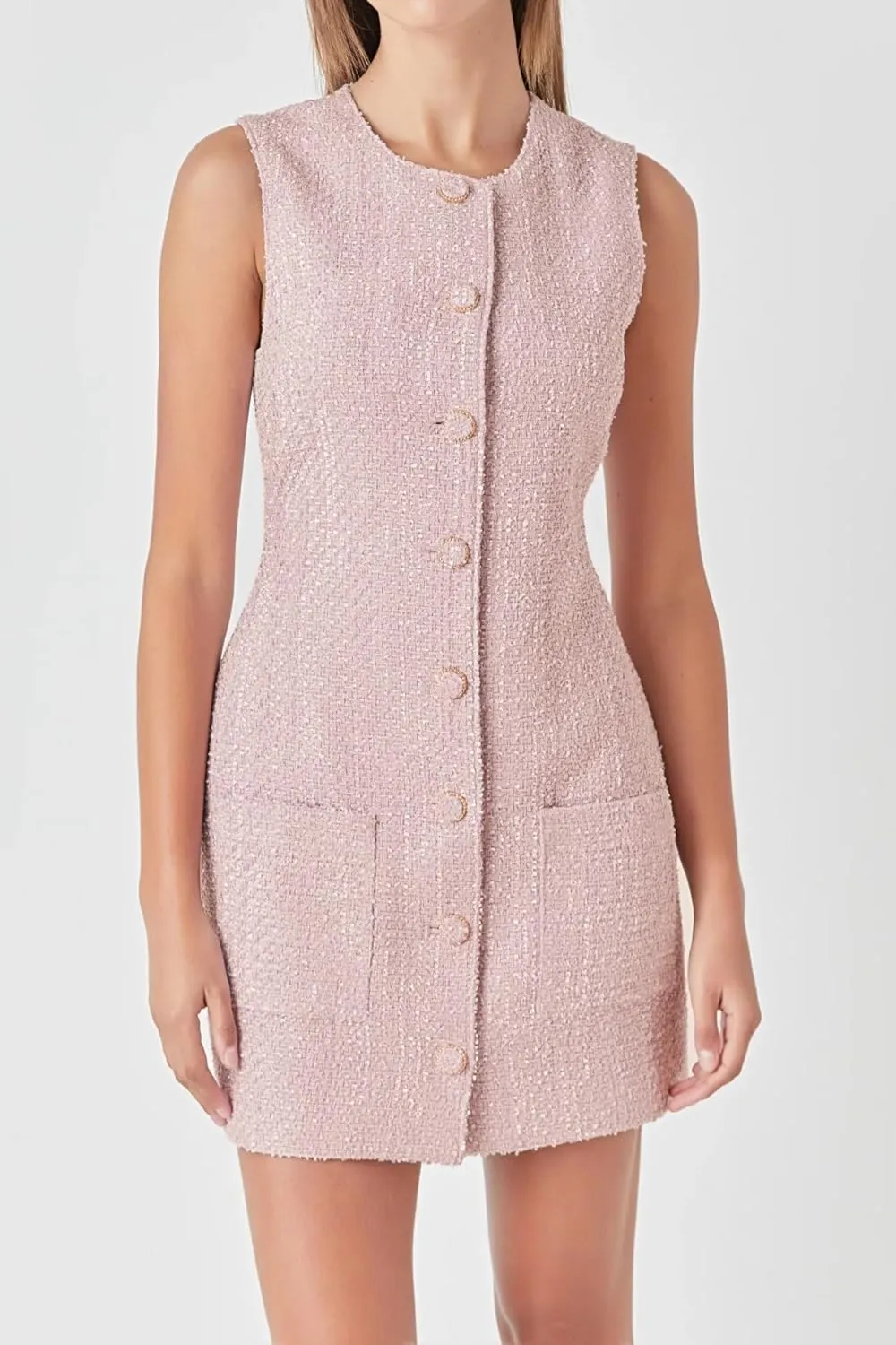 Tweed Dress Woman Sleeveless Bodycon Jackie O Dresses Crew Neck Elegant Button Down Mini Dress