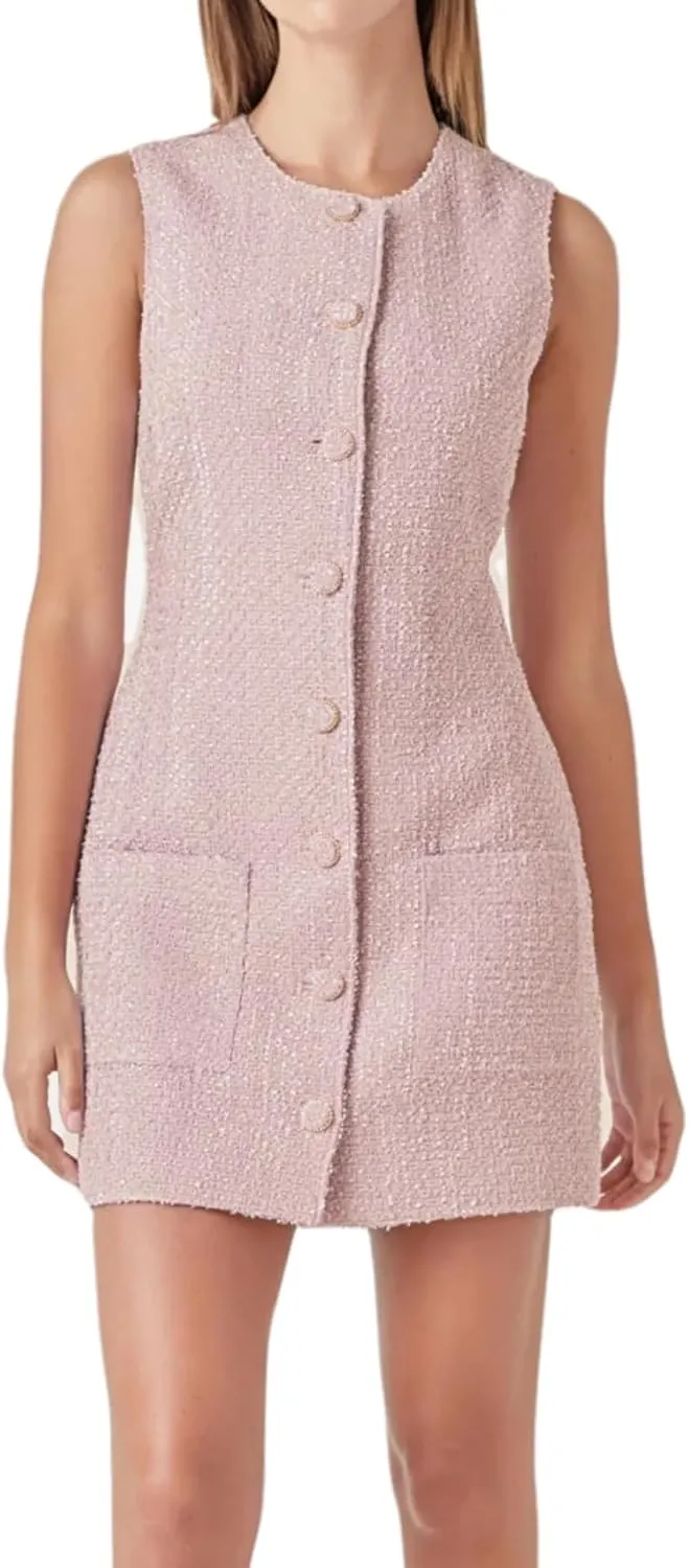 Tweed Dress Woman Sleeveless Bodycon Jackie O Dresses Crew Neck Elegant Button Down Mini Dress