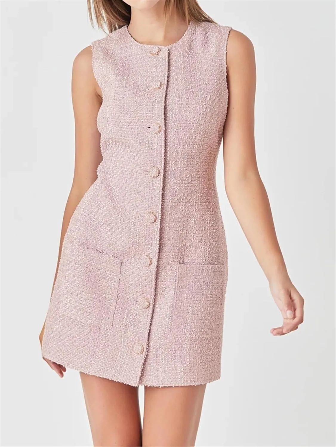 Tweed Dress Woman Sleeveless Bodycon Jackie O Dresses Crew Neck Elegant Button Down Mini Dress