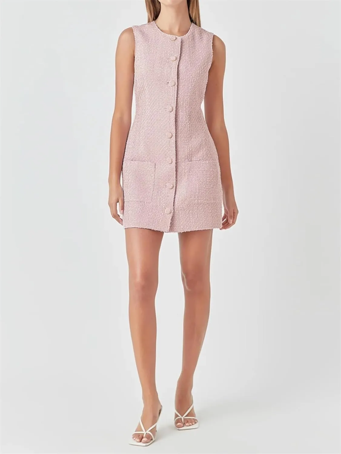 Tweed Dress Woman Sleeveless Bodycon Jackie O Dresses Crew Neck Elegant Button Down Mini Dress