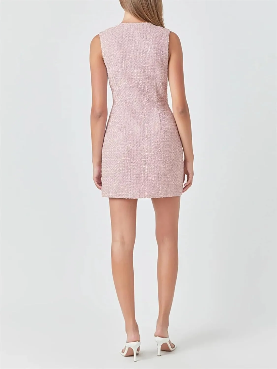 Tweed Dress Woman Sleeveless Bodycon Jackie O Dresses Crew Neck Elegant Button Down Mini Dress