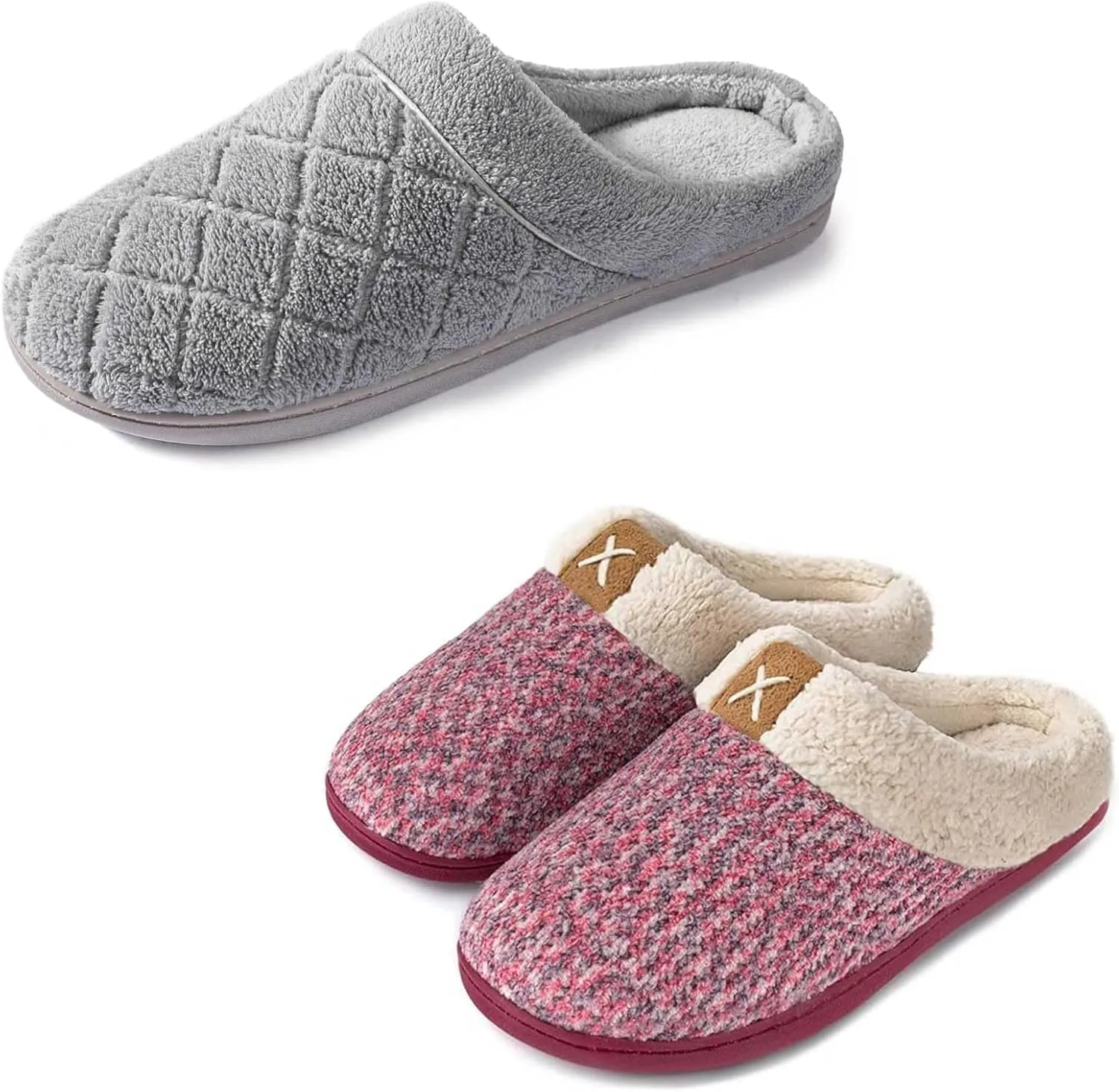 ULTRAIDEAS Women's Indoor Bedroom Slipper with Memory Foam, Gift for Women, Wool-Like House Shoe with Anti-Skid Rubber Sole for Ladies (9-10, Pink&Medium Grey)
