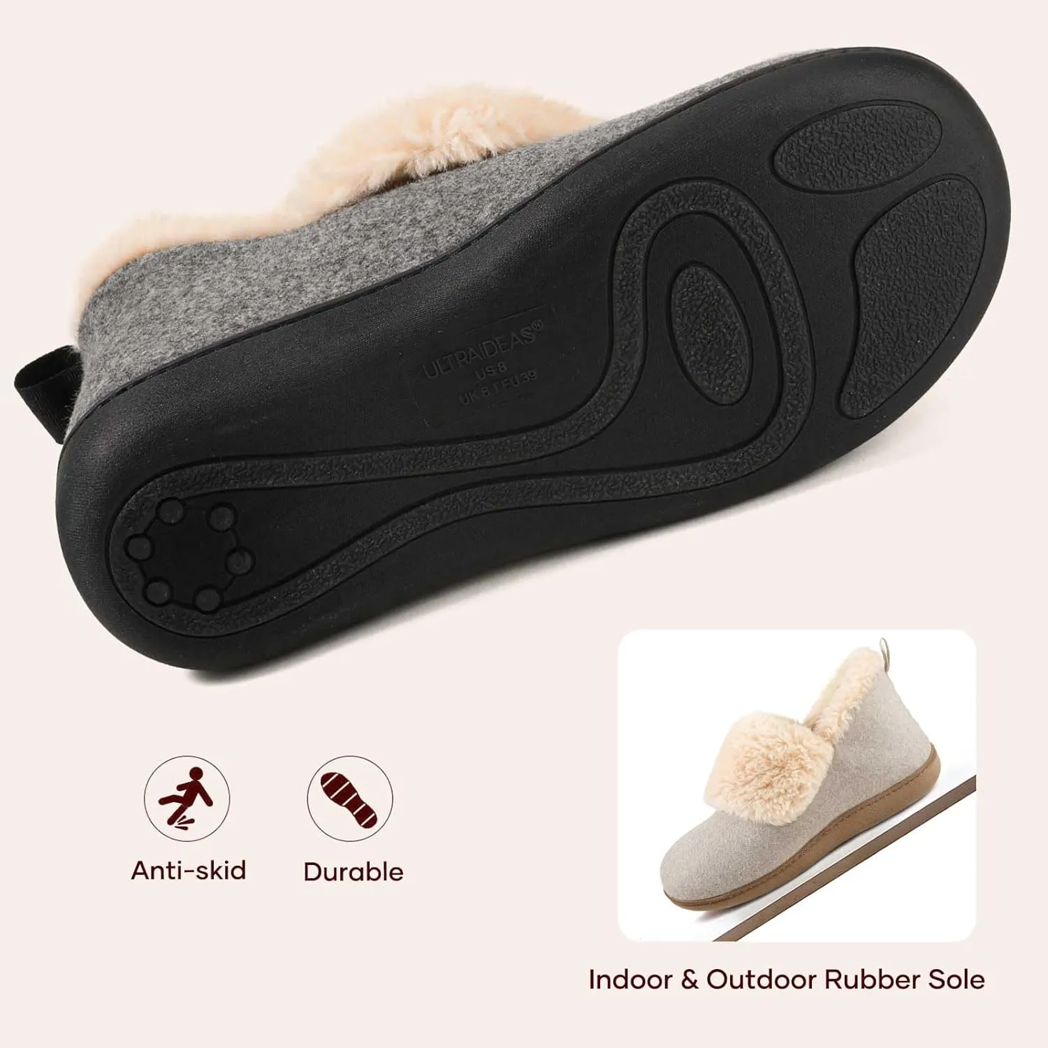 ULTRAIDEAS Women's Memory Foam House Shoes with Fuzzy Collar, Fur Lined Warm Bootie Slippers with Hard Bottom for Indoor & Outdoor