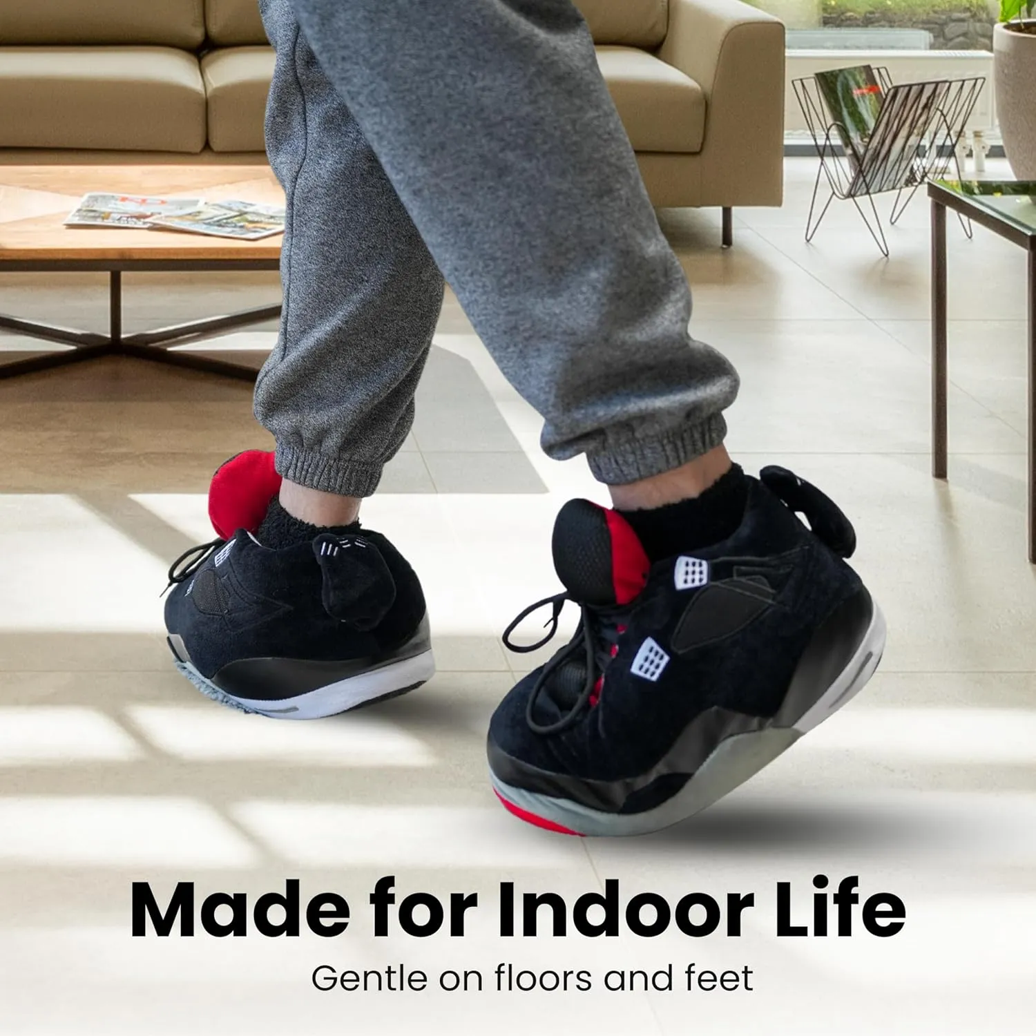 Unisex Sneaker Slippers with Plush Socks – Comfy Leather Non-Slip House Shoes for Women, Men & Kids | Big Jordan Style Tennis Shoe for Indoor & Outdoor Wear, Cozy Sneaker for All Ages