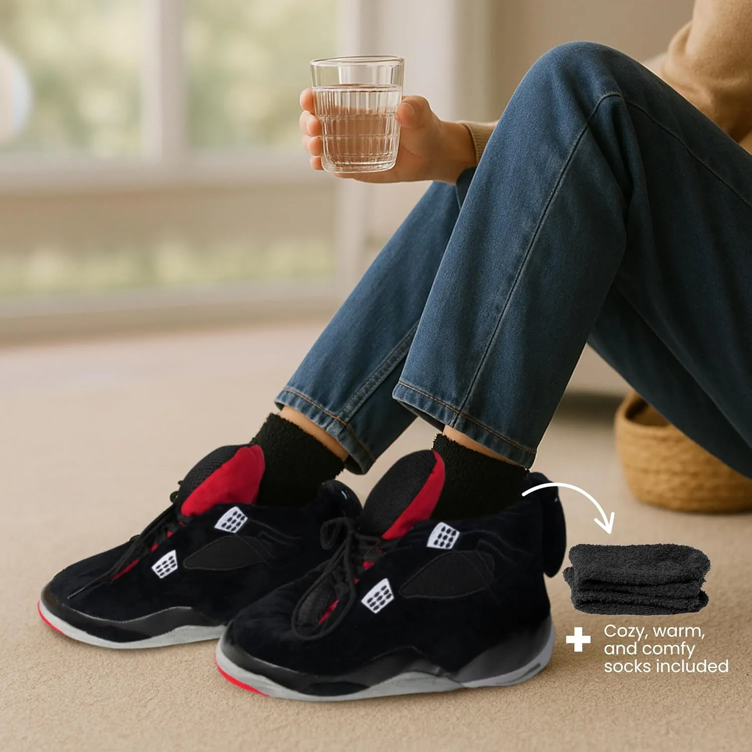 Unisex Sneaker Slippers with Plush Socks – Comfy Leather Non-Slip House Shoes for Women, Men & Kids | Big Jordan Style Tennis Shoe for Indoor & Outdoor Wear, Cozy Sneaker for All Ages