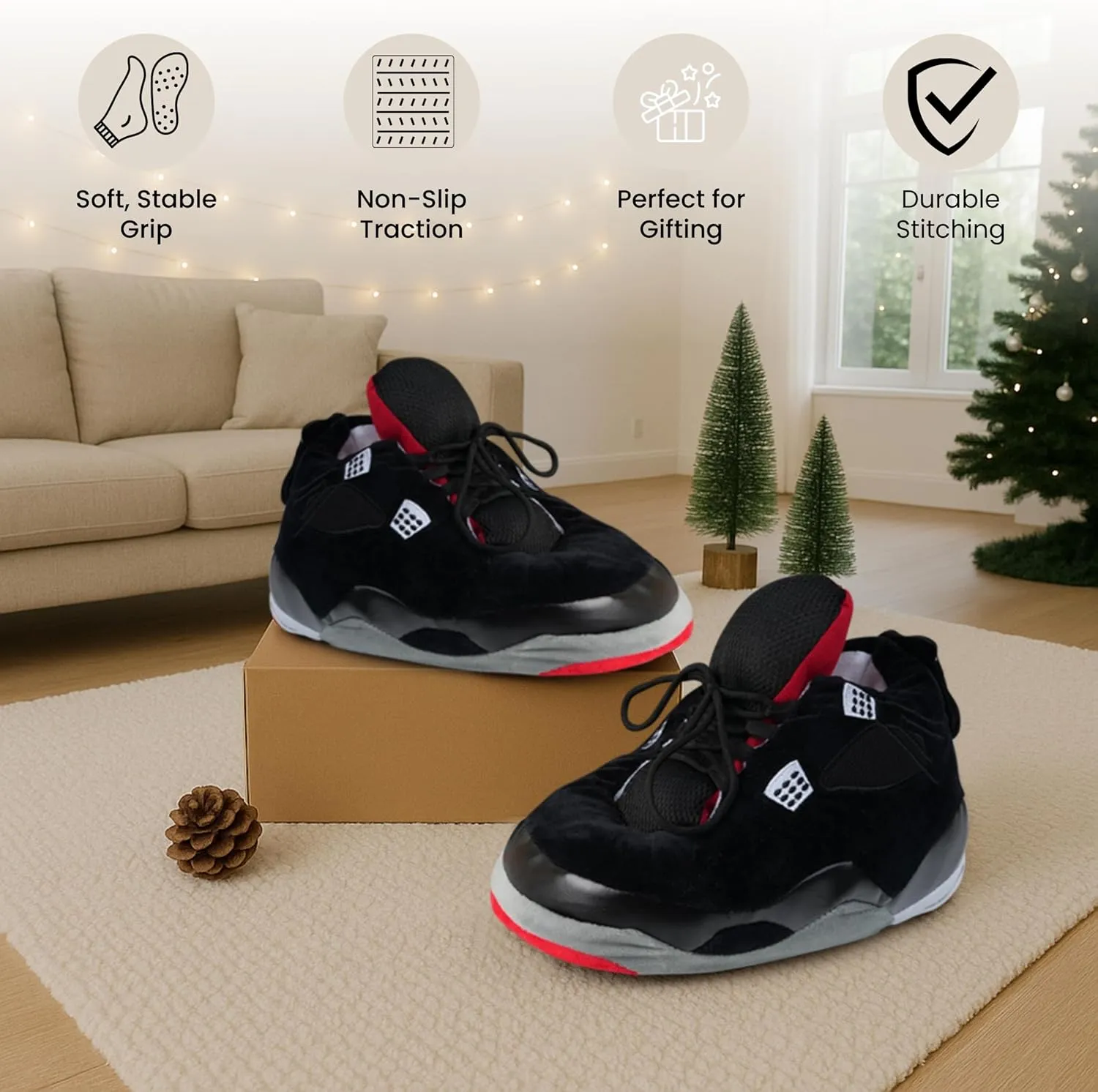 Unisex Sneaker Slippers with Plush Socks – Comfy Leather Non-Slip House Shoes for Women, Men & Kids | Big Jordan Style Tennis Shoe for Indoor & Outdoor Wear, Cozy Sneaker for All Ages