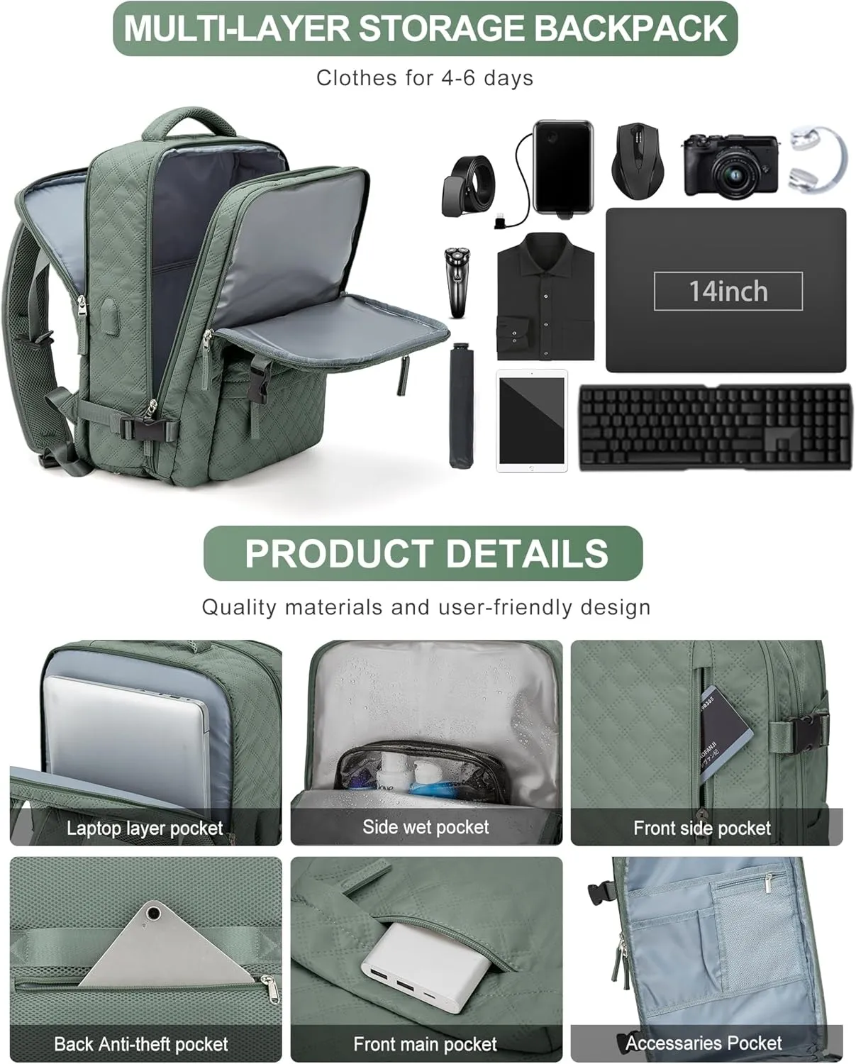 VGCUB Large Travel Backpack for Women Men, Carry on Backpack Airline Approved Gym Backpack Waterproof Business Laptop Daypack,Army Green