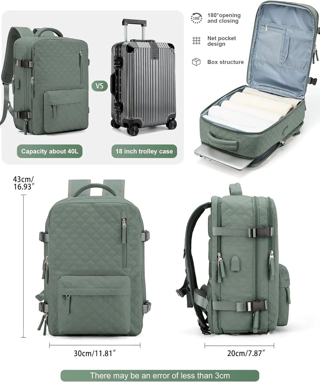 VGCUB Large Travel Backpack for Women Men, Carry on Backpack Airline Approved Gym Backpack Waterproof Business Laptop Daypack,Army Green