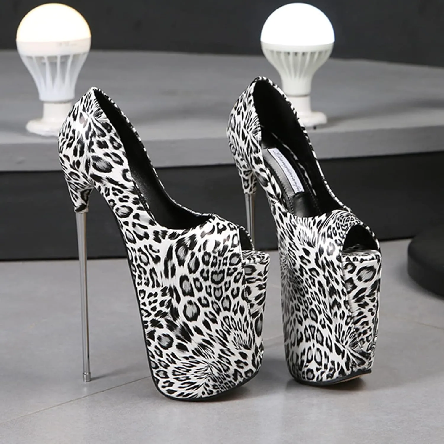 Vujkliy Women's High Heel Sandals Round Toe Platform Iron Stiletto Fish Mouth Leopard Print High Heels Sexy Catwalk Nightclub Banquet Striptease 22CM/8.6IN Large Size Fashion Shoes