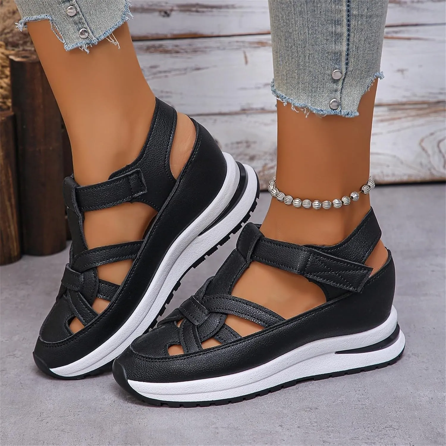 Walking Sandals Women Hollow Out Breathable Platform Wedge Sandals Comfortable Casual Closed Toe Sandal Summer Slip On Orthopedic Shoes with Arch Support for Beach Vacation