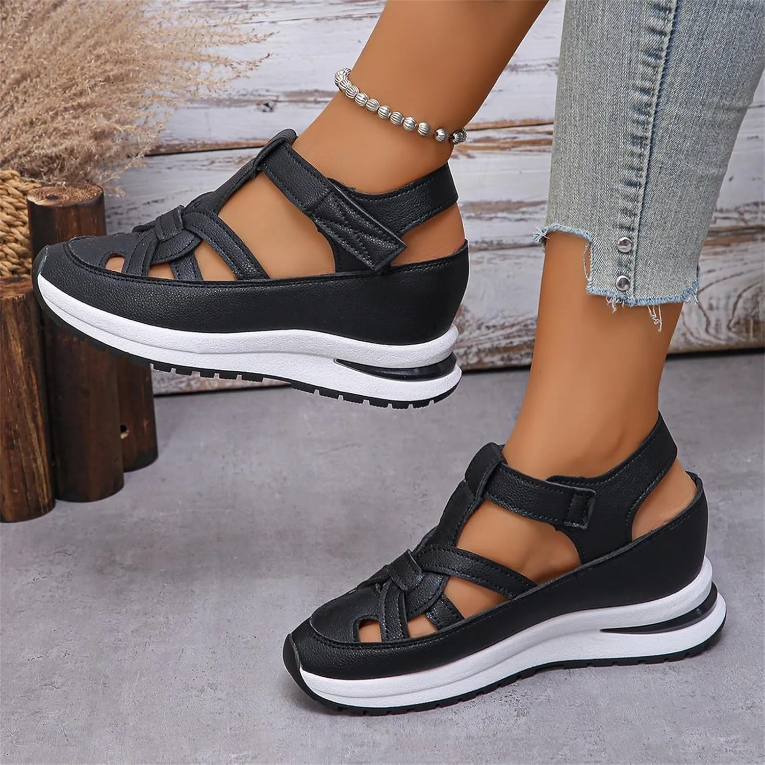 Walking Sandals Women Hollow Out Breathable Platform Wedge Sandals Comfortable Casual Closed Toe Sandal Summer Slip On Orthopedic Shoes with Arch Support for Beach Vacation