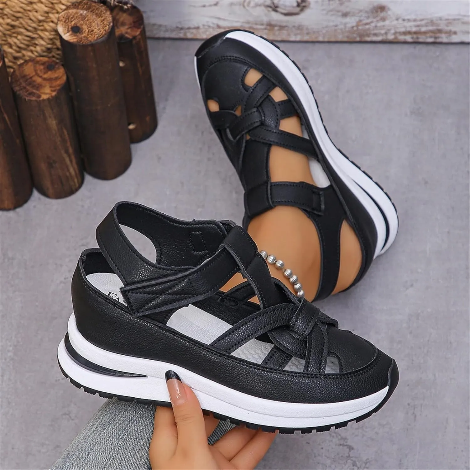 Walking Sandals Women Hollow Out Breathable Platform Wedge Sandals Comfortable Casual Closed Toe Sandal Summer Slip On Orthopedic Shoes with Arch Support for Beach Vacation