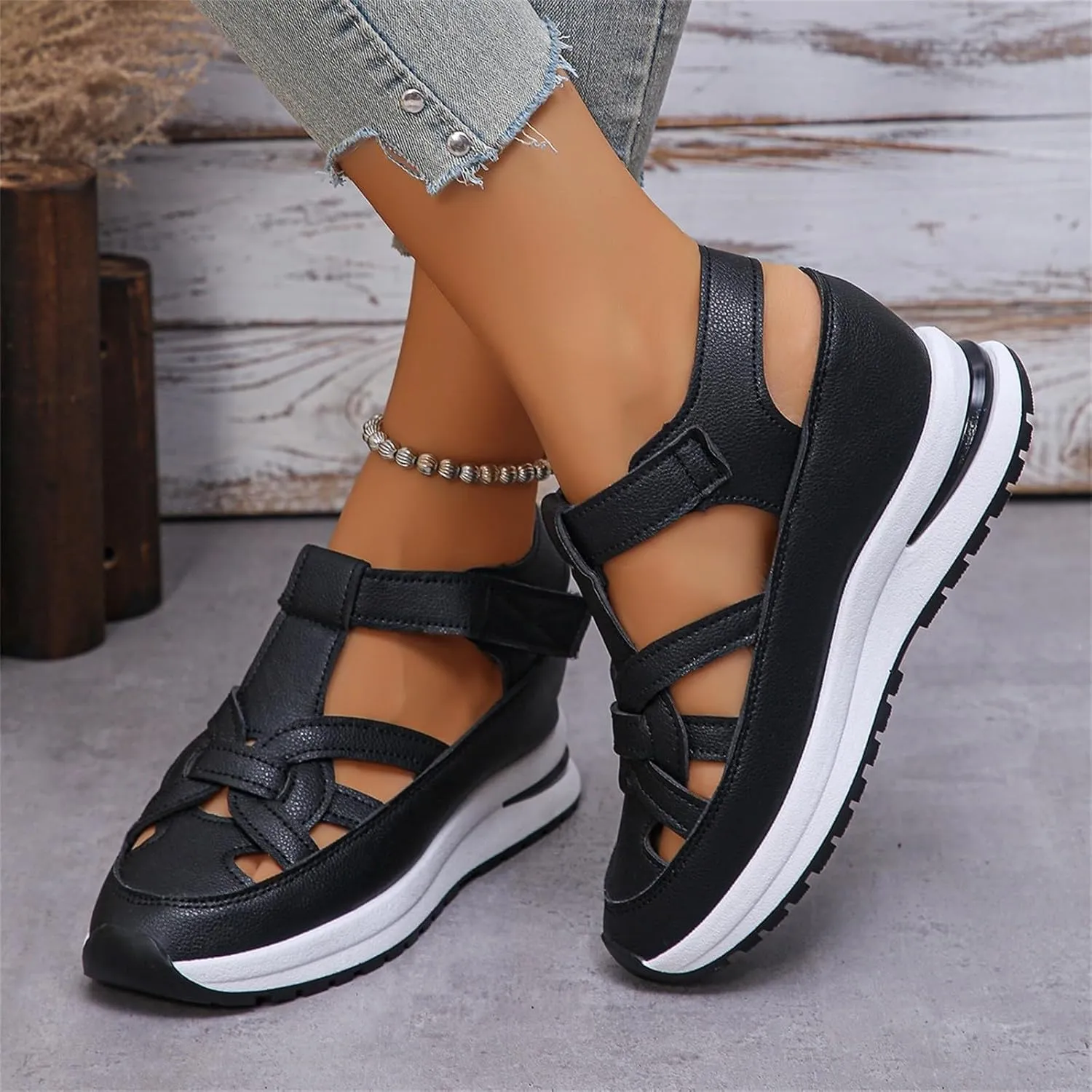 Walking Sandals Women Hollow Out Breathable Platform Wedge Sandals Comfortable Casual Closed Toe Sandal Summer Slip On Orthopedic Shoes with Arch Support for Beach Vacation