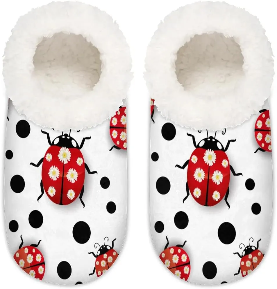 Watercolor Dots Chrysanthemum Ladybird Slipper for Women and Men Non-Slip Fuzzy Slipper Socks Memory Foam Slippers Winter Warm Home Slippers Fur Lining