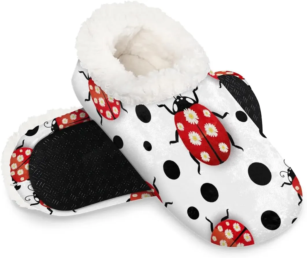 Watercolor Dots Chrysanthemum Ladybird Slipper for Women and Men Non-Slip Fuzzy Slipper Socks Memory Foam Slippers Winter Warm Home Slippers Fur Lining