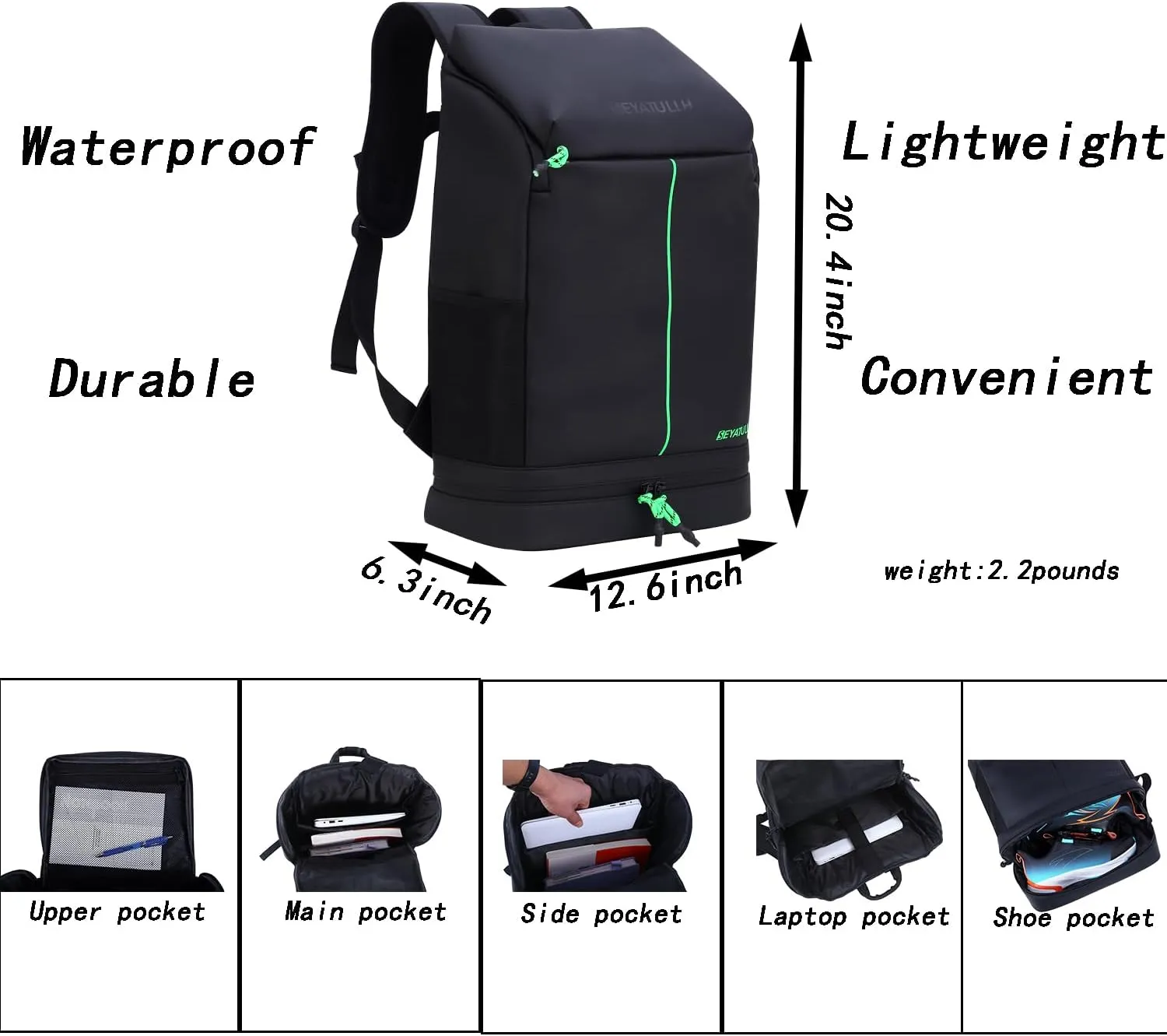 Waterproof 25L Gym Backpack with Shoe Compartment - Lightweight Durable PU Sports Bag for Men & Women,Travel-Friendly Hiking Trekking Backpack,Laptop Sleeve & Workout Gear Storage(black)