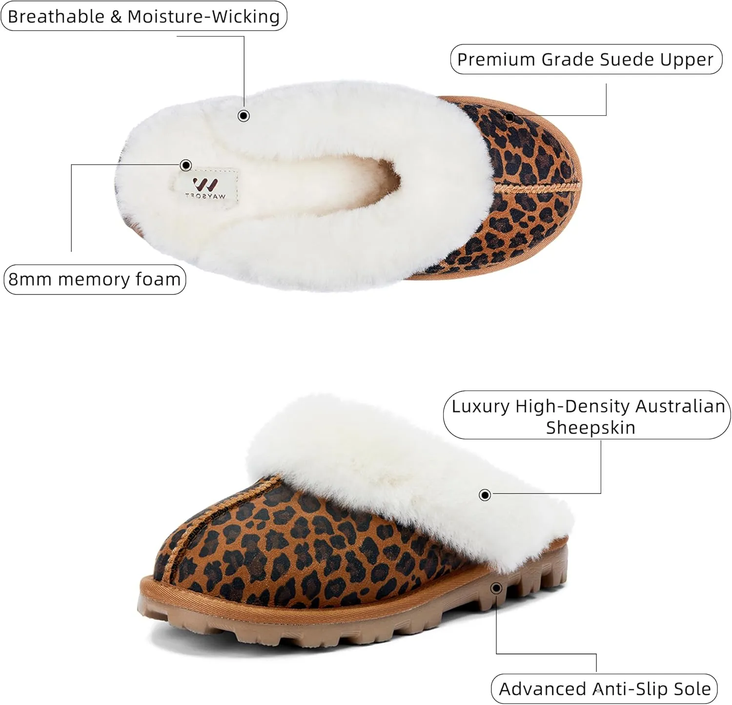 WaySoft Women's Genuine Australian Sheepskin Slippers, 100% Shearling, 8mm Memory-Foam, Hard Bottom Slipper