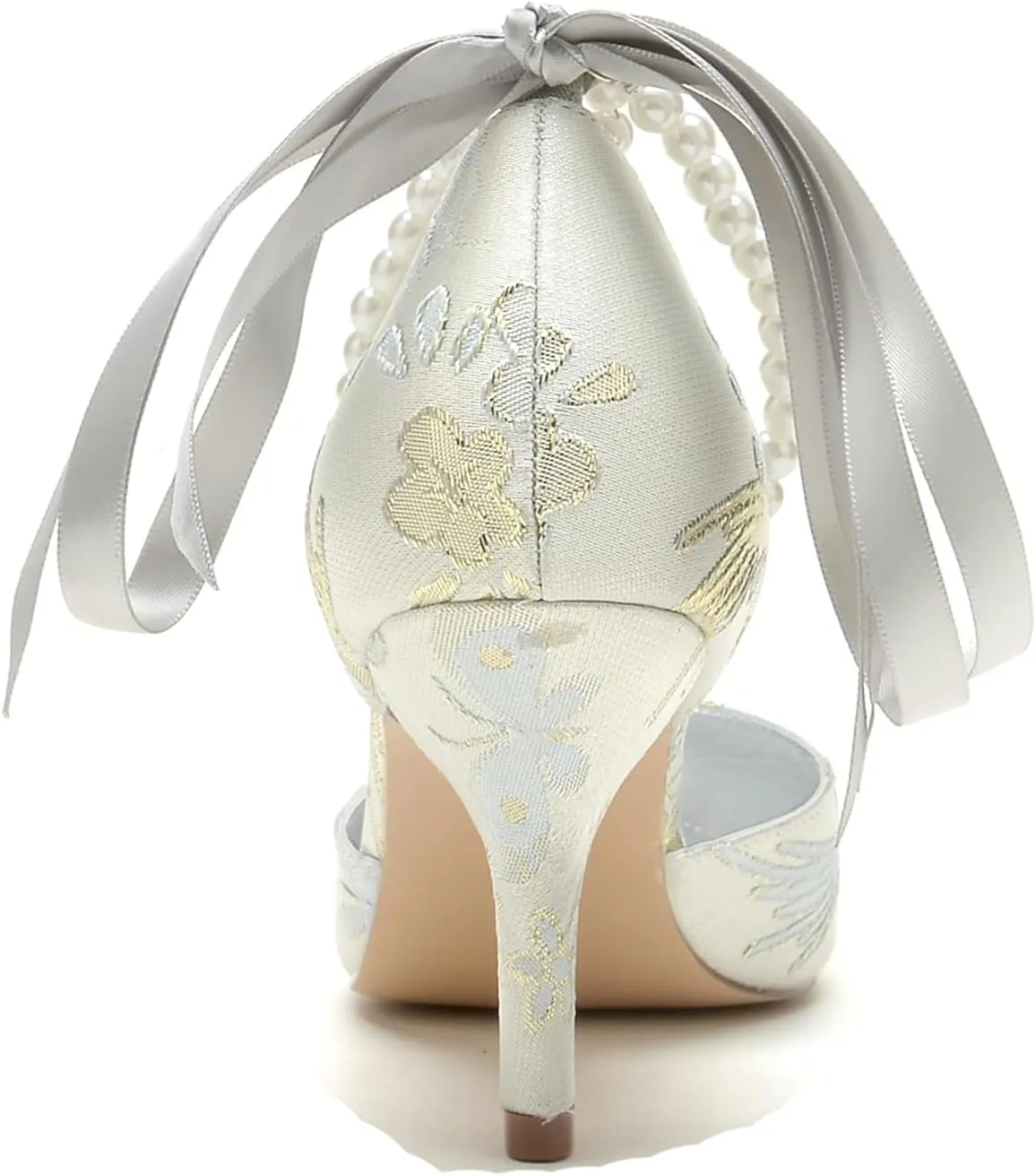 Wedding Shoes Rhinestone Buckle Bridal Silk Women Pointed Toe Satin Pumps High Heel Prom Shoes with Pearl