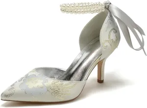 Wedding Shoes Rhinestone Buckle Bridal Silk Women Pointed Toe Satin Pumps High Heel Prom Shoes with Pearl
