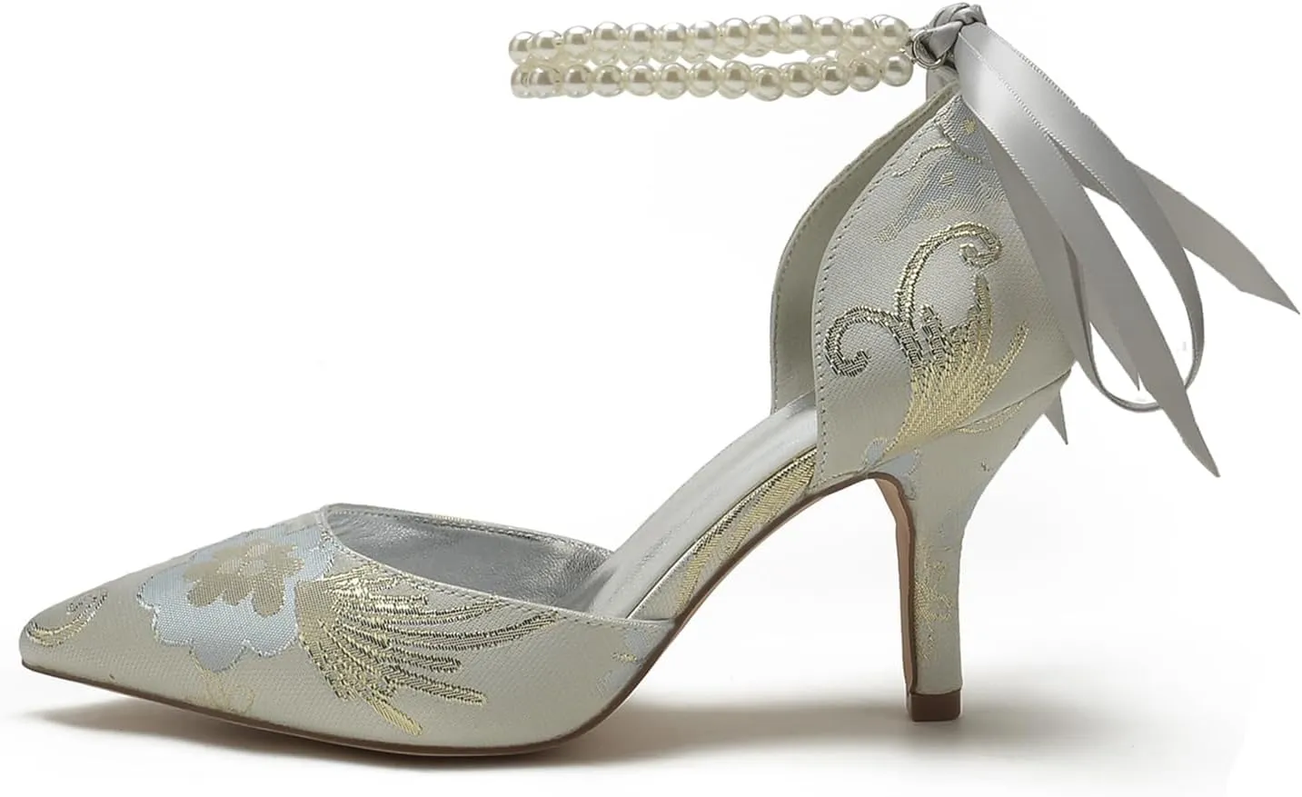 Wedding Shoes Rhinestone Buckle Bridal Silk Women Pointed Toe Satin Pumps High Heel Prom Shoes with Pearl