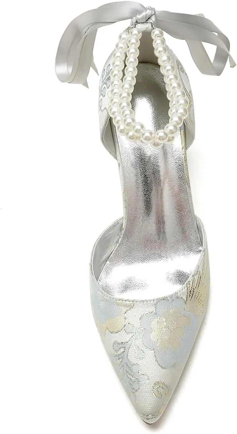 Wedding Shoes Rhinestone Buckle Bridal Silk Women Pointed Toe Satin Pumps High Heel Prom Shoes with Pearl