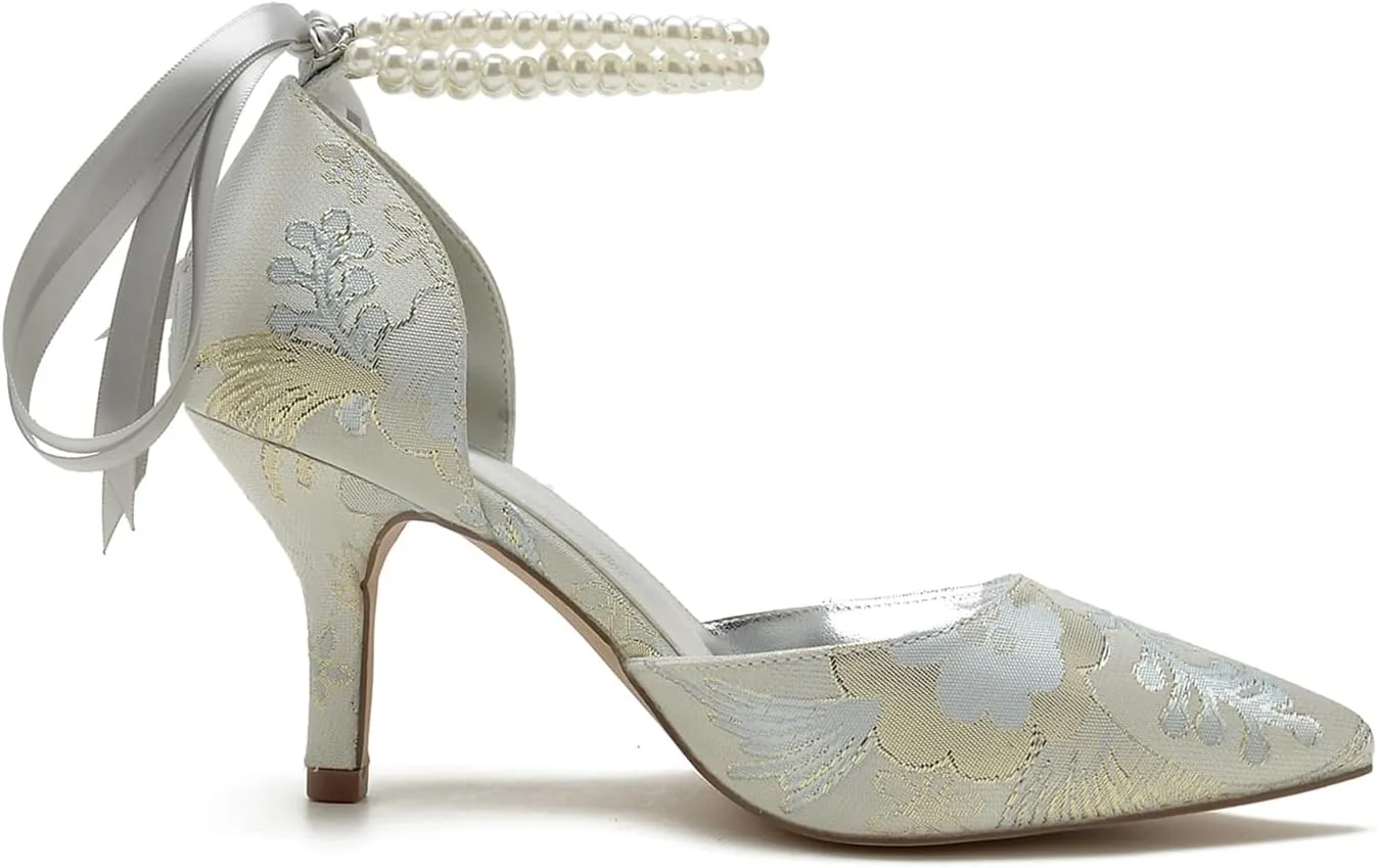 Wedding Shoes Rhinestone Buckle Bridal Silk Women Pointed Toe Satin Pumps High Heel Prom Shoes with Pearl